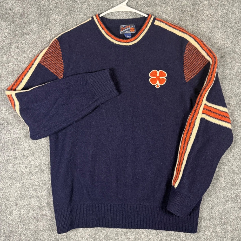 Vintage Lucky Brand Lambswool Sweater Mens Large Blue Orange‎ Striped Crew Neck